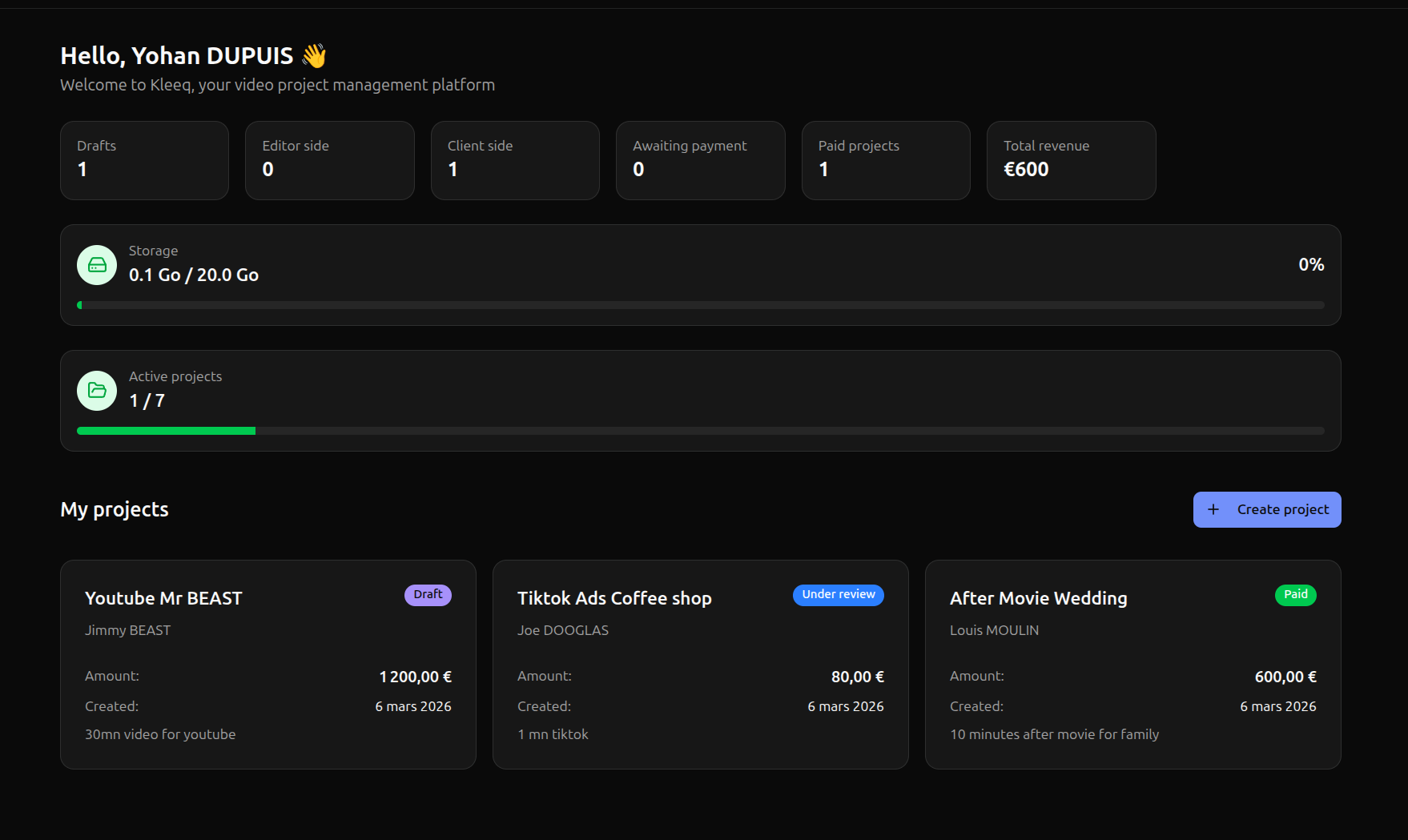 Tableau de bord Kleeq avec projets, revenus et suivi de stockage