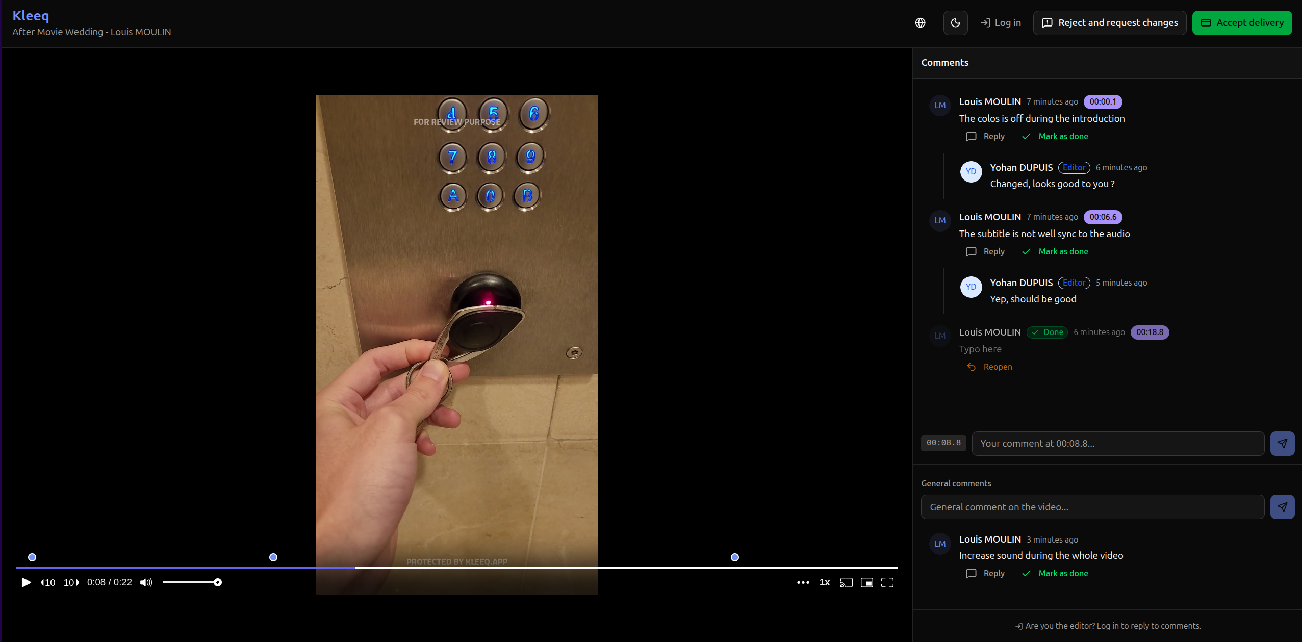 Interface de review vidéo Kleeq avec player, commentaires timecode et actions client
