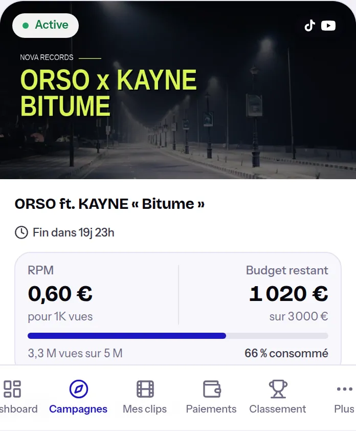 Carte d'une campagne dans le catalogue Kleeq sur mobile : visuel, RPM pour 1 000 vues, budget restant et réseaux autorisés