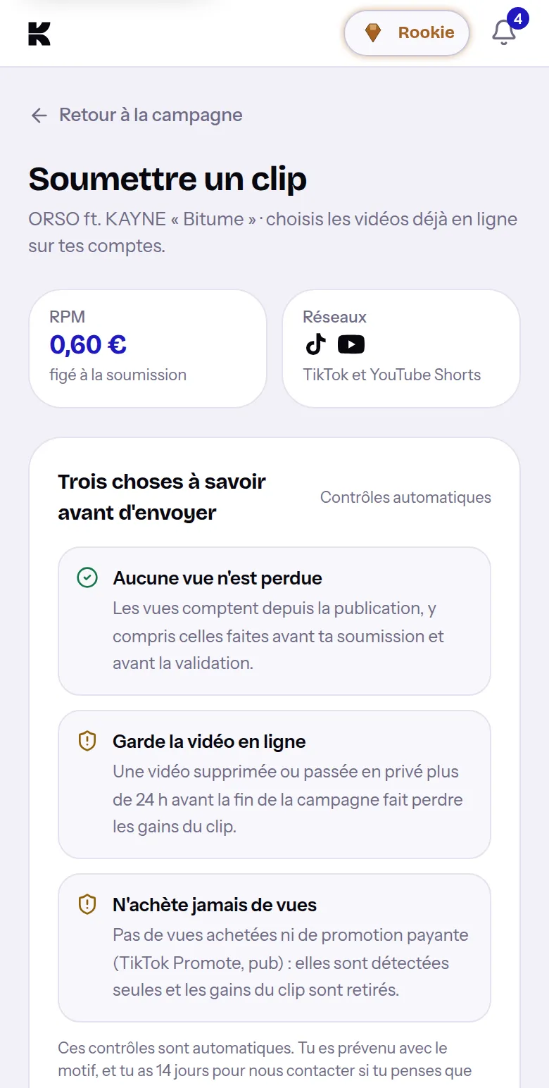 Page « Soumettre un clip » sur mobile : RPM figé à la soumission, réseaux autorisés et les règles à connaître avant d'envoyer