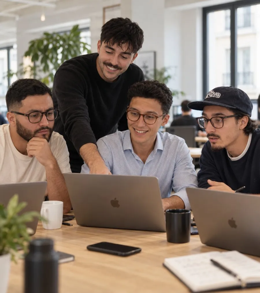 The Kleeq co-founders gathered around a laptop