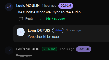 Commentaires timecodes entre le client et le monteur sur Kleeq